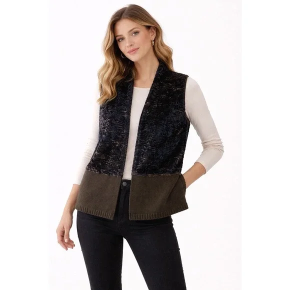 ADRIANNA PAPELL WOMEN'S BLACK FAUX FUR Knit Vest Classic Chic Plus Size 1x - Picture 1 of 8